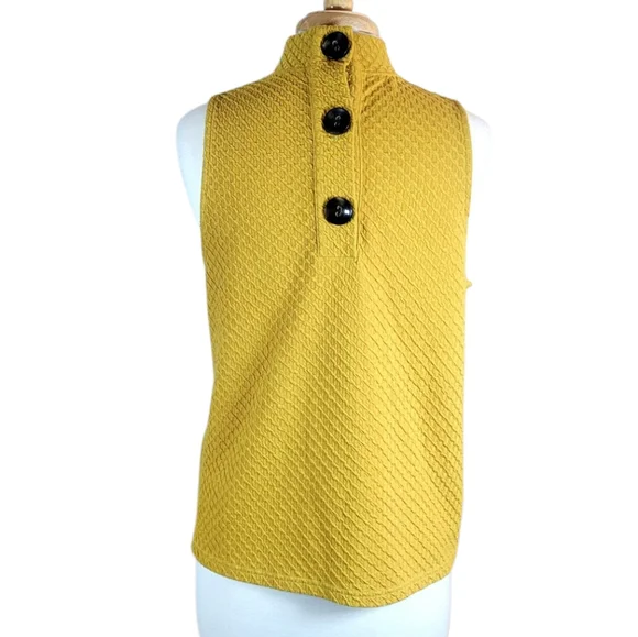 ERI + ALI Anthropologie Textured Mustard Yellow Sleeveless Mockneck Button Top L - Picture 5 of 9